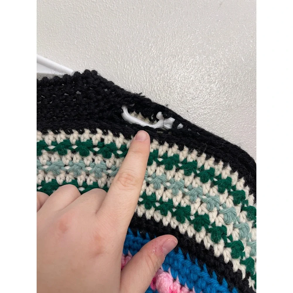 Hand Crocheted‎ Striped Cardigan Chunky Knit Grannycore Sweater w/ Flaw